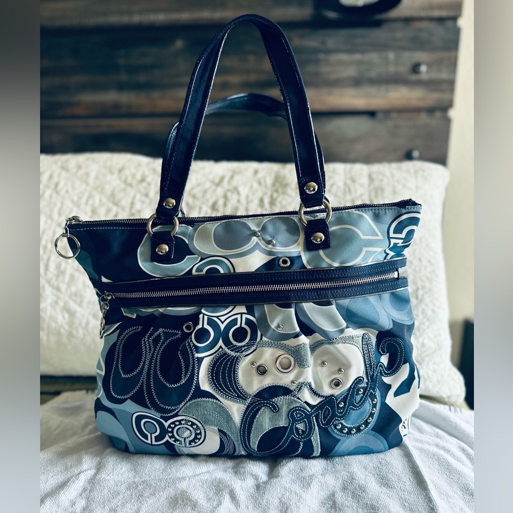 Vintage Coach Blue and White Tote Bag